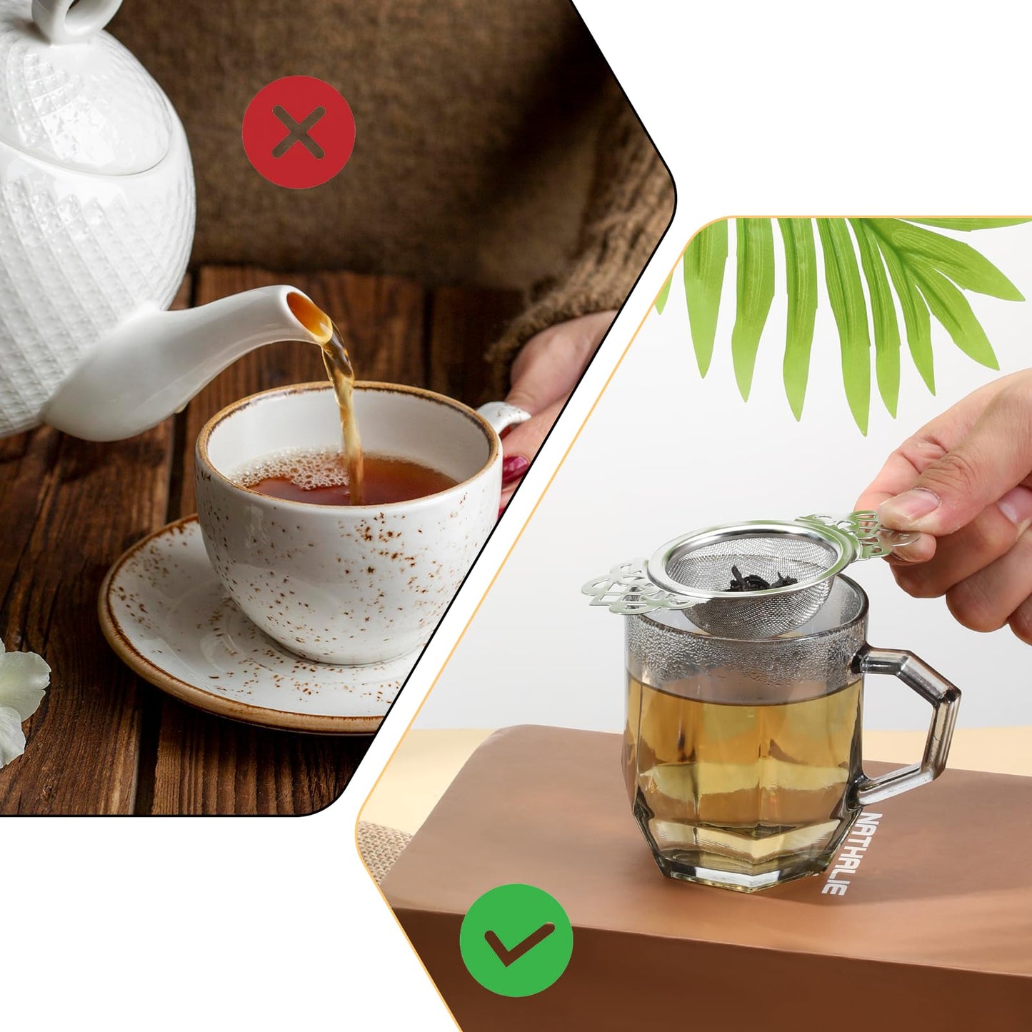 Oqqlin 8 Pcs Mesh Tea Filter Strainers, 304 Stainless Steel Loose Tea Infuser Strainer with Petal Handles and Drip Bowl for Juice Coffee Filter, Sliver, 2.5 Inch