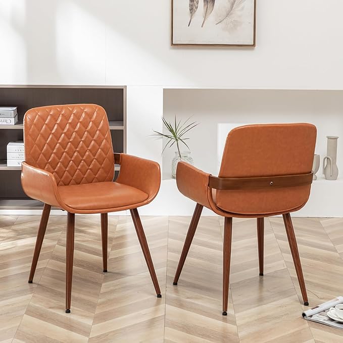 LUNLING Mid Century Modern Faux Leather Dining Chairs Set of 4,Orange Upholstered Seat,Metal Legs Kitchen Chair,Adjustable Foot for Kitchen Dining Room Desk Chairs