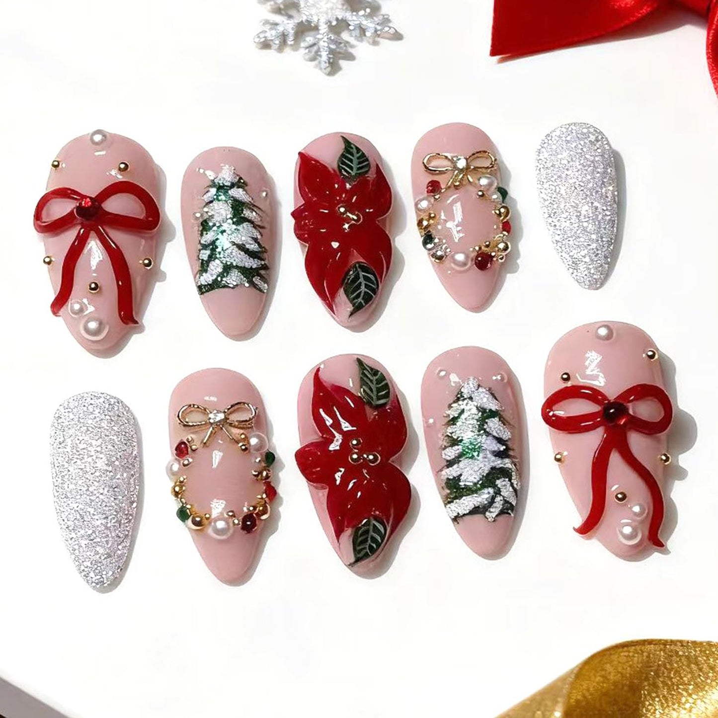 24Pcs Shiny Christmas Press on Nails Medium Almond Fake Nails 3D Rhinestones Pearls Wreath Charms Design Red Flower False Nails Bow Glue on Nail Xmas Tree Acrylic Nails for Women Holiday Nail Decor