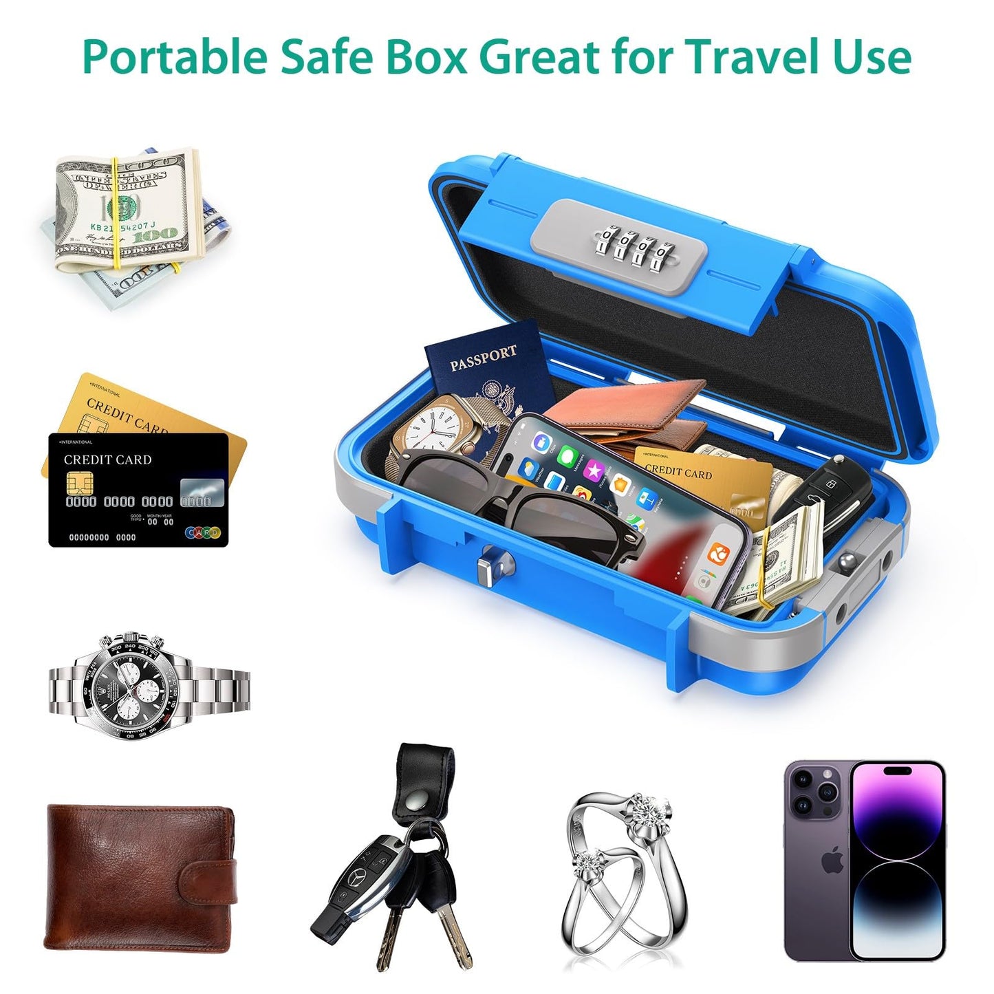ORIA Portable Security Case, Portable Safe Box, 4 Digit Combination Key Lock Box Security Case, Smartphones, Passports, Credit Cards Safe for Car, Beach, Travel, Blue