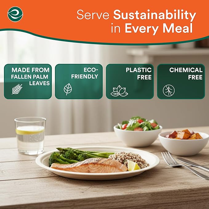 ECO SOUL 8 Inch Disposable Palm Leaf Plates [200 Pack] Premium Food-Safe Heavy Duty Compostable Bamboo Paper Plates for Lunch, Dinner, Birthday, Weddings, Party, Camping & Catering Events [Round]