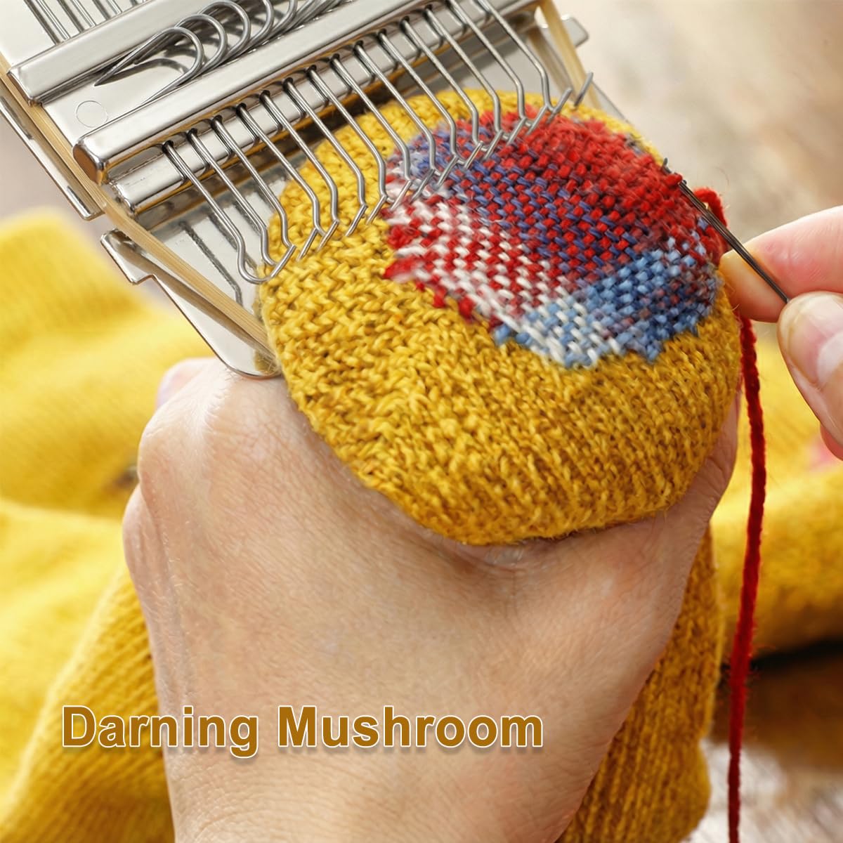 Mini Darning Loom Mushroom Kit, 14 Hooks Small Weaving Tool for Socks Jeans Mending, Knit Patch Repair, Set Includes Large Eye Needles, 50 Colors Threads for Handcraft DIY Weaving Beginners Projects