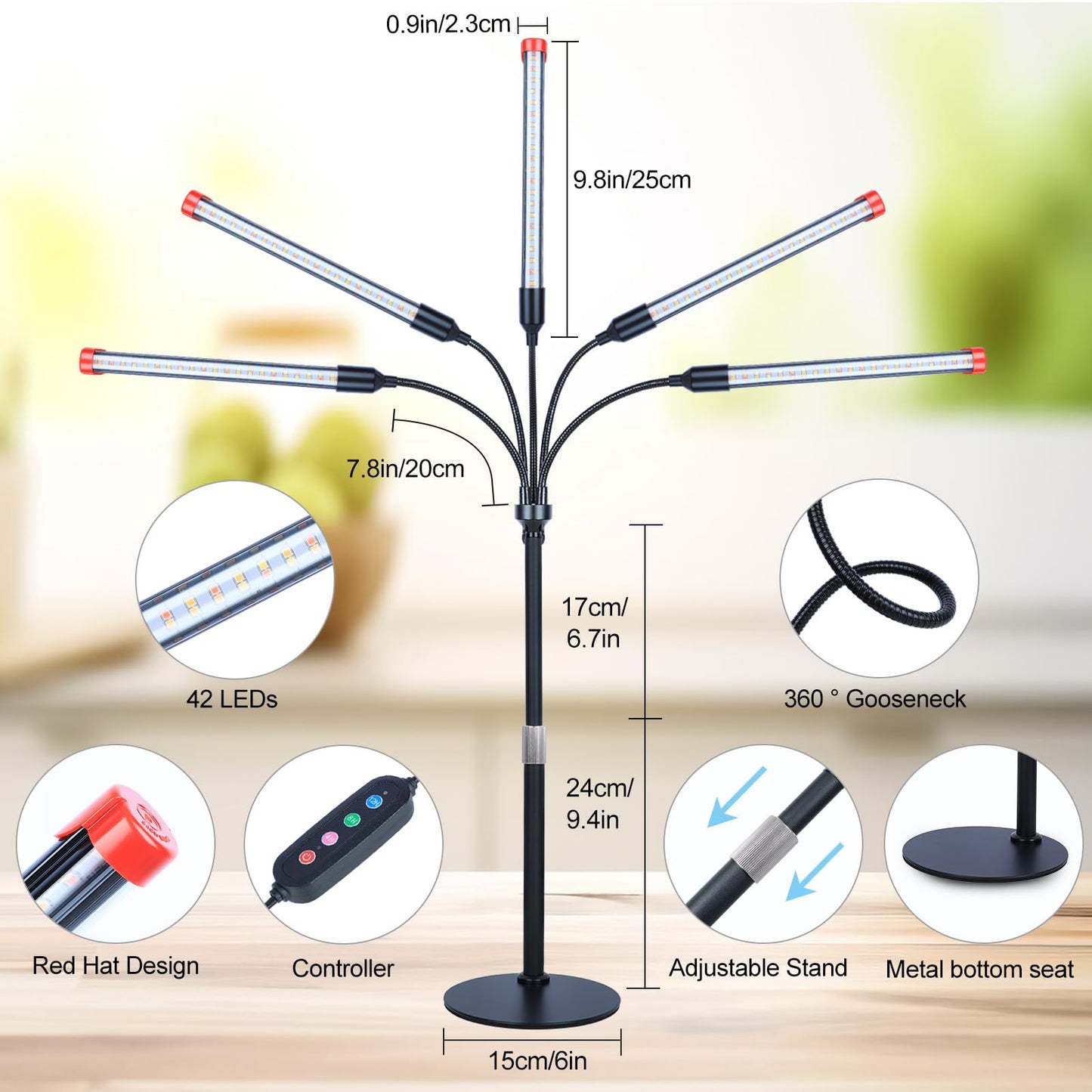 FECiDA 2026 5Head Table Top Grow Lights for Seed Starting, Indoor Plants, Bonsai, 45 Watt Power Draw, NO Need Adapter, 4/8/12/16/20H Timer, 16"-24" Height Adjustable, Big Coverage