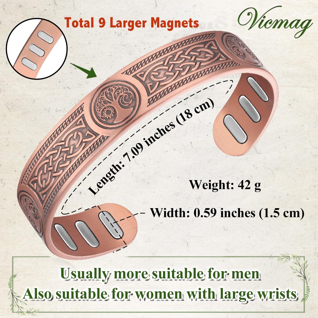 Vicmag Copper Bracelet for Men 9X Strength Magnetic 99% Pure Copper with 5000 Gauss Magnets, Tree of Life Present Box Adjustable(Viking & Sun Moon Tree)