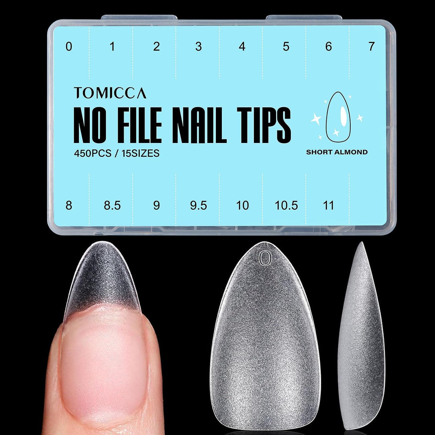 TOMICCA Medium Almond Nail Tips - 450Pcs 15 Sizes Soft Acrylic Gel Nails Double-sided Matte Pre-Shaped Fake Nails, Full Cover Clear Nails Gelly Press on Flase Nail Tips for Nail Extensions Nail Salon