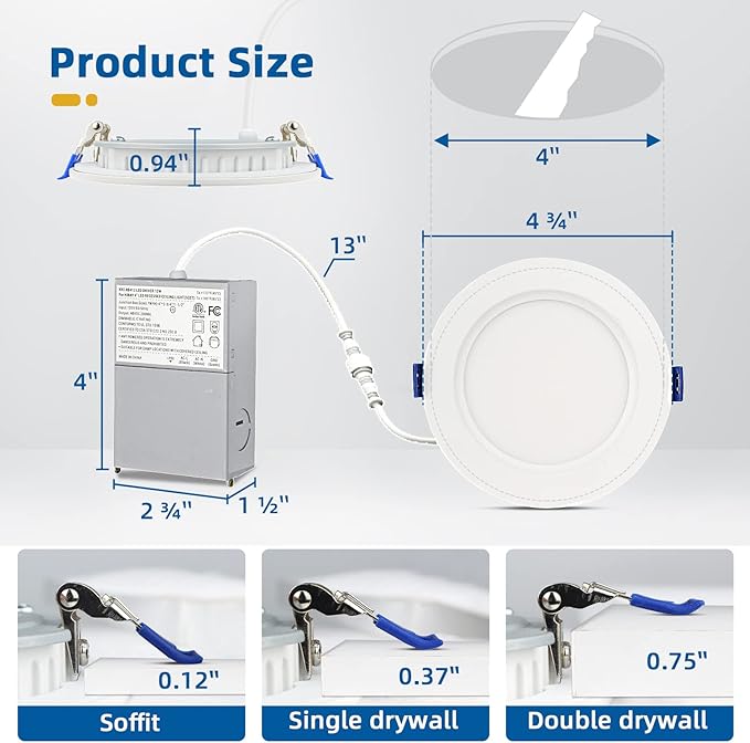 8 Pack Recessed Lighting 4 inch, 5000K Ultra-Thin LED Canless Recessed Lighting, Retrofit Dimmable Recessed Lights, 1200LM 12W=150W Wafer Lights - ETL & Energy Star Certified