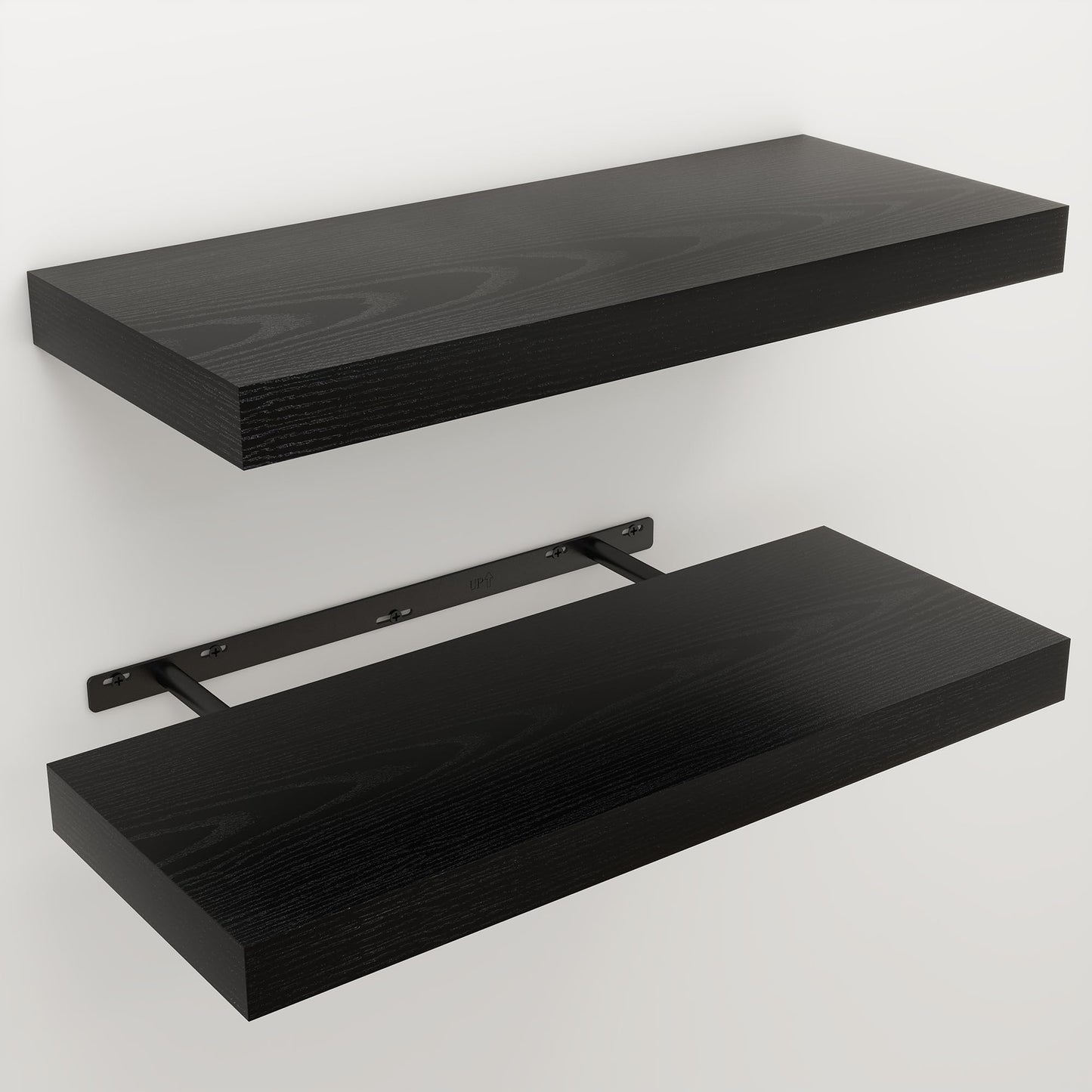 Ornawit Floating Shelves for Wall, 9.3" Deep Wall Mounted Wood Shelves for Bathroom, Bedroom, Living Room, Kitchen, Hanging Shelf for Books/Storage/Room Decor (Black, 24")