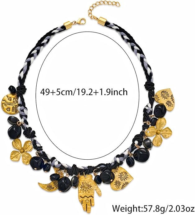 Bohemian Evil Eye Necklace for Women, Gold Plated Moon and Heart Pendant with Red Beaded Chain, Unique Charm Jewelry Gift(N9)
