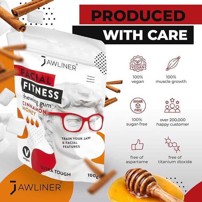 Jawliner® - Pioneers the Toughest Handmade 15x Harder Jawline Gum Includes 12 Weeks Coaching - Sugar-Free Cinnamon Honey Gum - Jawline Exerciser for Mewing & Shaping the Jaw (2 Months Pack)