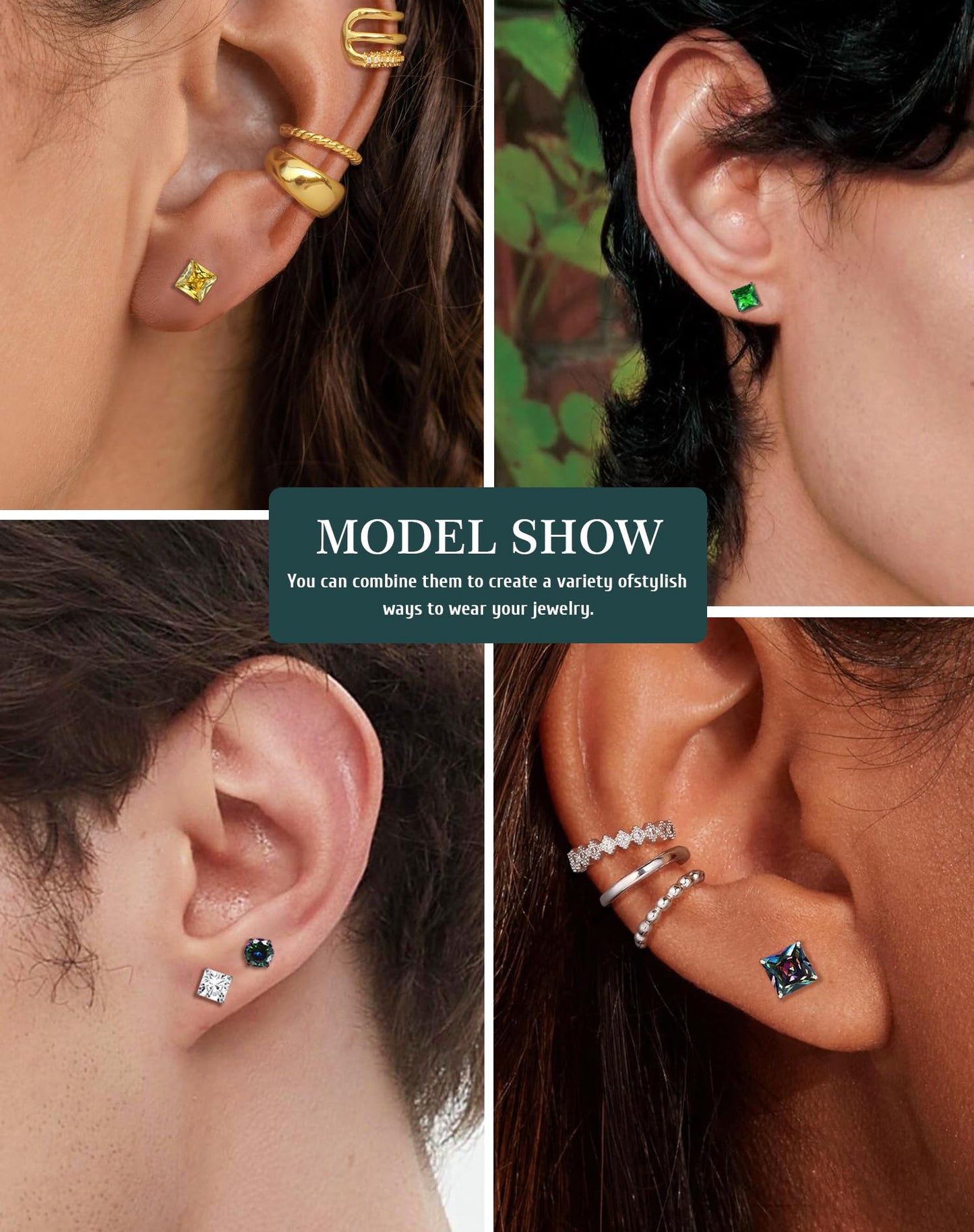 SIISPRI 4 Pairs Stainless Steel Magnetic Stud Earrings for Men Women Hypoallergenic Inlaid Cubic Zirconia Unisex Non-Piercing Clip On Stud Diamond Earrings Set