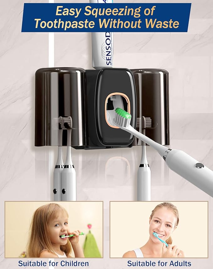 Toothpaste Dispenser Wall Mount with Toothbrush Holder, WAYCOM AutomaticToothpaste Squeezer 2 Cups Toothbrush Holder for Bathroom Accessories Tooth Brushing Holder Organizer and Storage