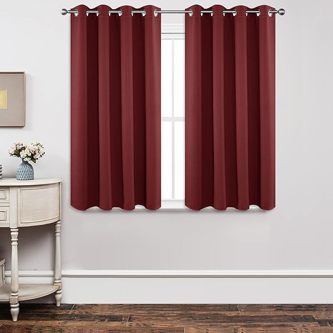 Joydeco Blackout Curtains 45 Inch Length 2 Panels Set, Thermal Insulated Long Curtains 2 Burg, Room Darkening Grommet Drapes for Living Room Bedroom Window (W52 x L45 Inch, Burgundy Red)