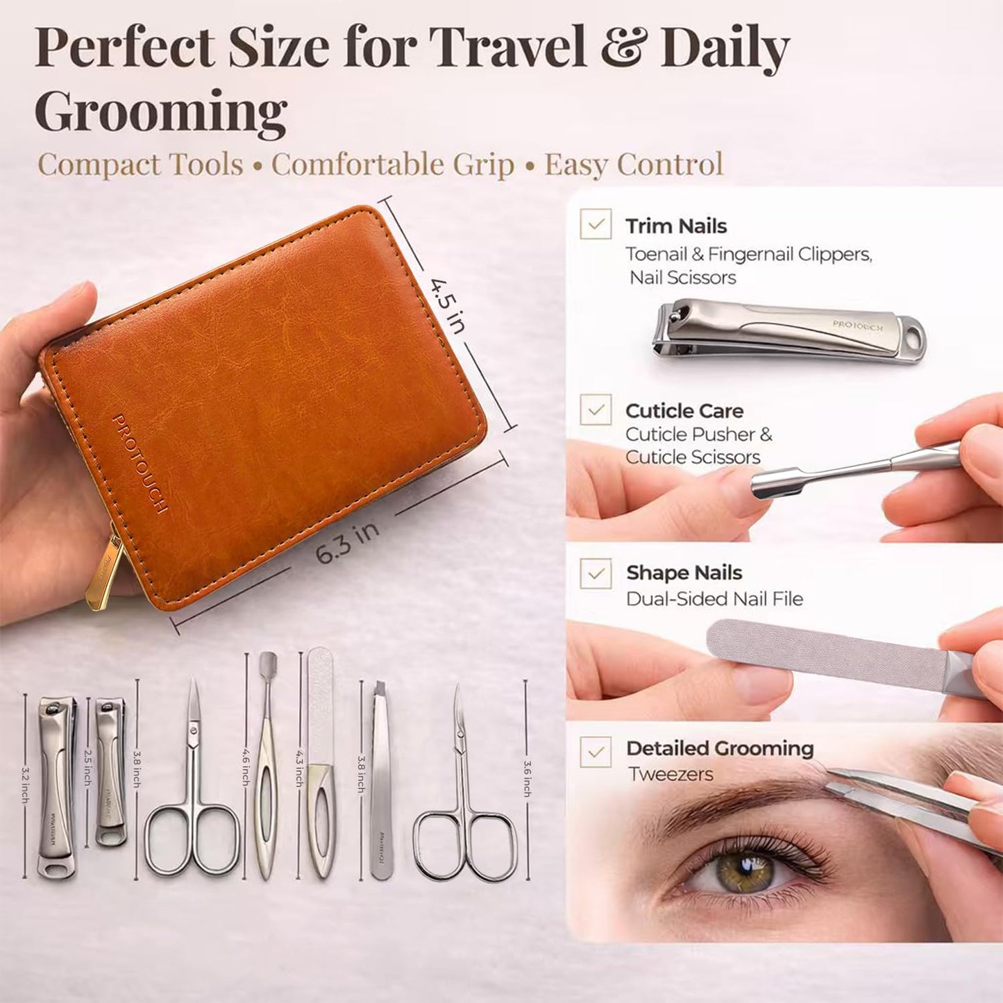 PROTOUCH Premium Manicure Set for Men & Women, Professional Nail Grooming Kit, Nail Clipper Set with Precision Stainless Steel Tools, Elegant Vegan Leather Travel Case, Luxury Gift Set