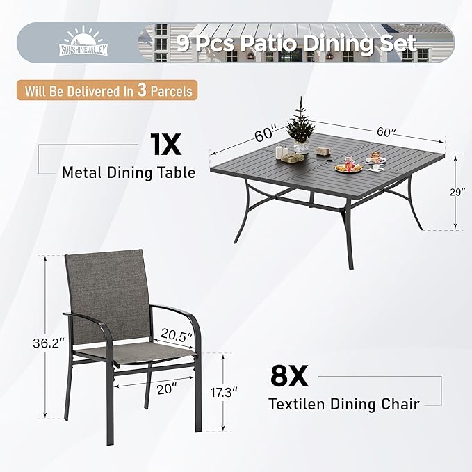 Patio Dining Set for 8, 60" x 60" Square Metal Table with Umbrella Hole, 8 x Stable Brown Dining Chairs, Outdoor Table and Chairs Set for Lawn Backyard and Deck