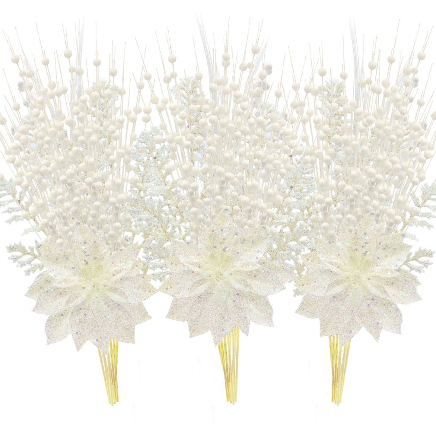 18 Pack Christmas Tree Ornaments Set, 17.5 Inch White Fake Christmas Picks Decorations with 2 Styles, Artificial Glitter Berry Stem Ornaments for Christmas Tree Wedding Small Vase Wreath Decor