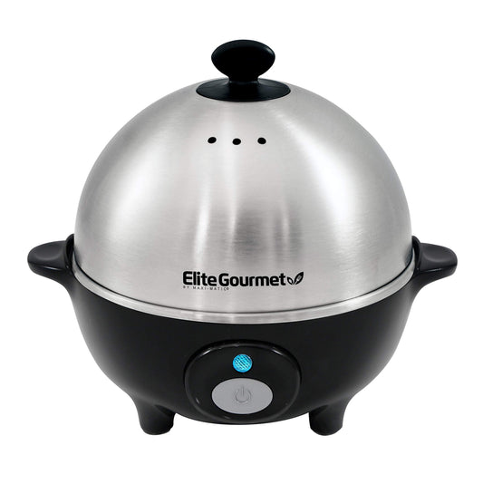 Elite Gourmet EGC-508 Rapid Egg Cooker, 7 Easy-To-Peel, Hard, Medium, Soft Boiled Eggs, Poacher, Omelet Maker, Auto Shut-Off, Alarm, 16-Recipe Booklet, Stainless Steel