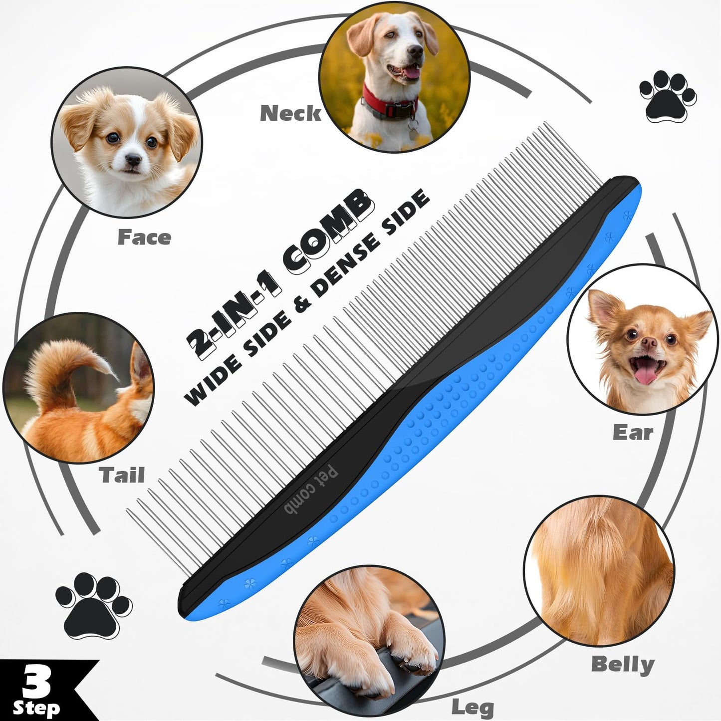 Augwind 7 in 1 Pet Grooming Kit - Dog&Cat Comb, Deshedding Brush, Nail Clipper with File, Bath Brush - Premium Pet Supplies (Blue)
