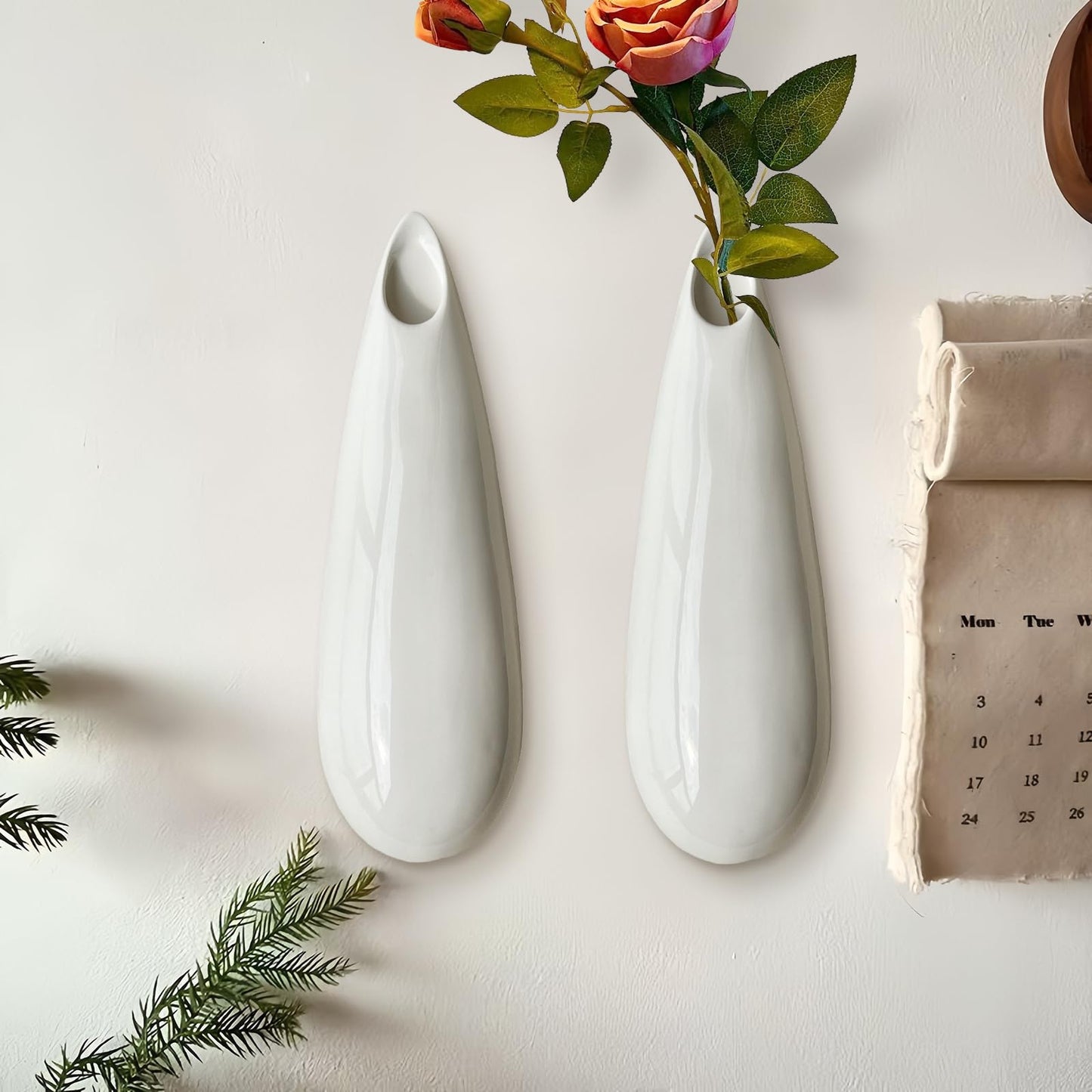 2 Pack White Ceramic Wall Vases,11.8 Inch Wall Hanging Plant Holder,Cubicle Modern Decor Plant Holder Vase for Indoor Plants, Hanging Propagation Flower Pots for Air Vases