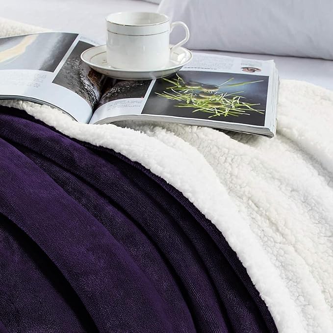 IR Imperial Rooms Sherpa Blankets Queen Size - Thick and Warm Blankets for Winter, Reversible Soft and Fuzzy Fluffy Queen Size Blanket for Bed, Purple, 90x90 Inches