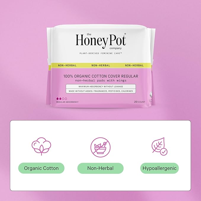 The Honey Pot Company - Sanitary Pads for Women - Non-Herbal Regular Flow w/Wings - Organic Cotton Cover & Ultra-Absorbent Pulp Core - Feminine Care - FSA & HSA Eligible - 20 ct