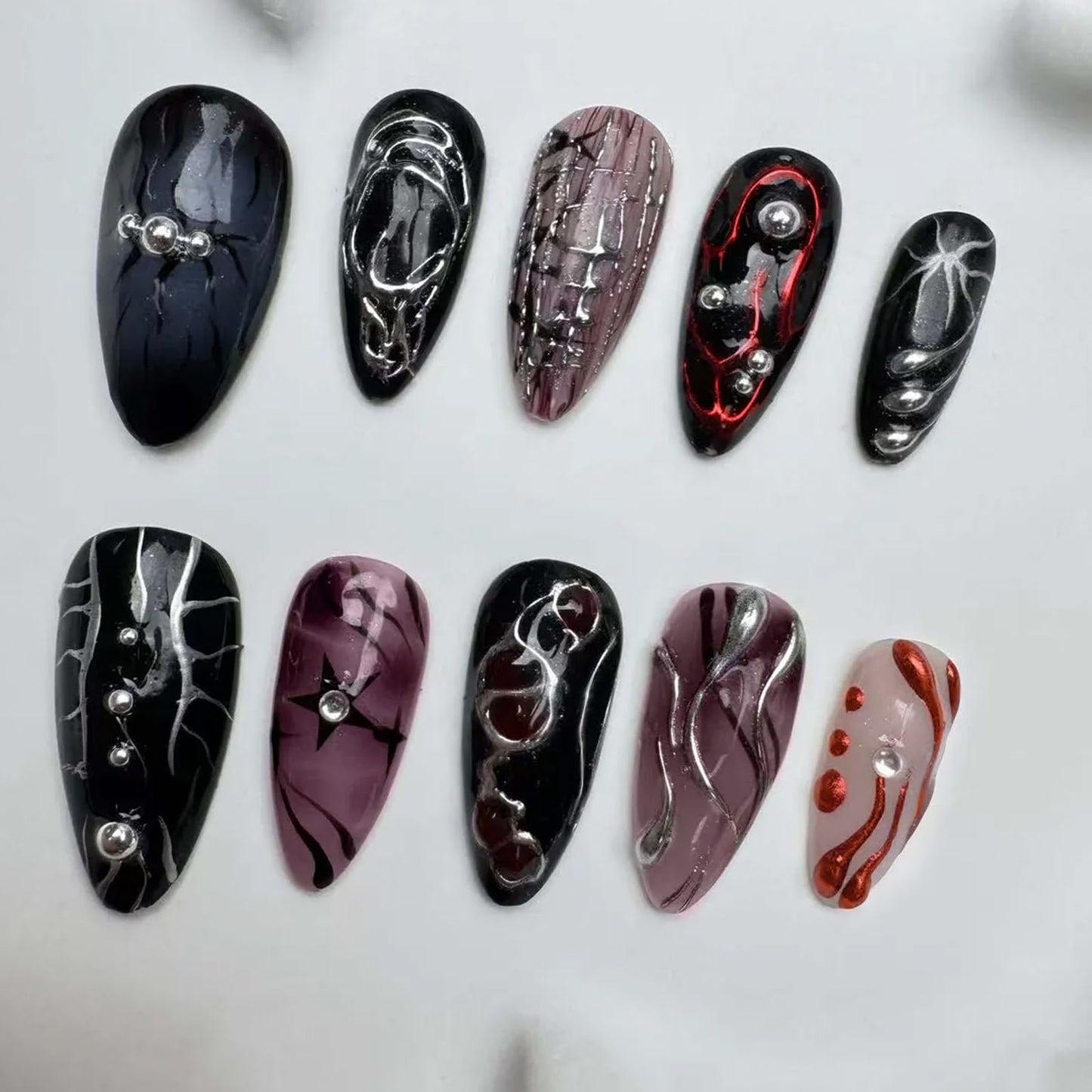 VOTACOS Goth Red Black Press on Nails Almond Medium Acrylic Fake Nails Press Ons with Glue 24Pcs Silver Lines Beads Y2K Stick on Nail with Designs 3D Star Artificial Glue on False Nail for Women