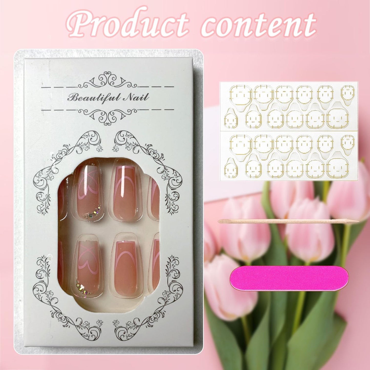 Medium Press on Nails Square Glue on Nail Light Pink French Fake Nails 3D Rhinestones Acrylic Nails Heart False Nails Cute & Reusable Stick on Nail for Women 24 Pcs