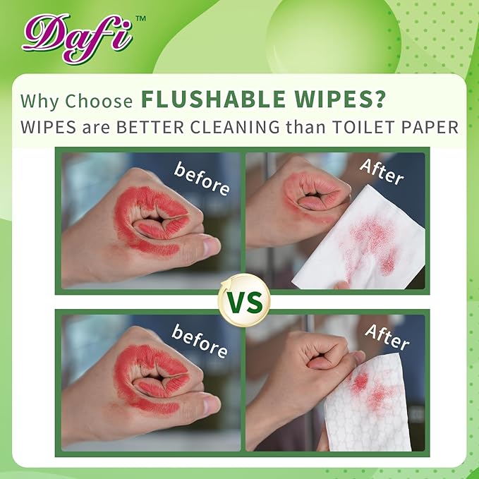 DAFI Flushable Wipes for Adult Wet Wipes, Total 480 Unscented Toilet Wipes Flushable, No Alcohol & 100% Plant Based Fibers, Septic and Sewer Safe Pack of 6