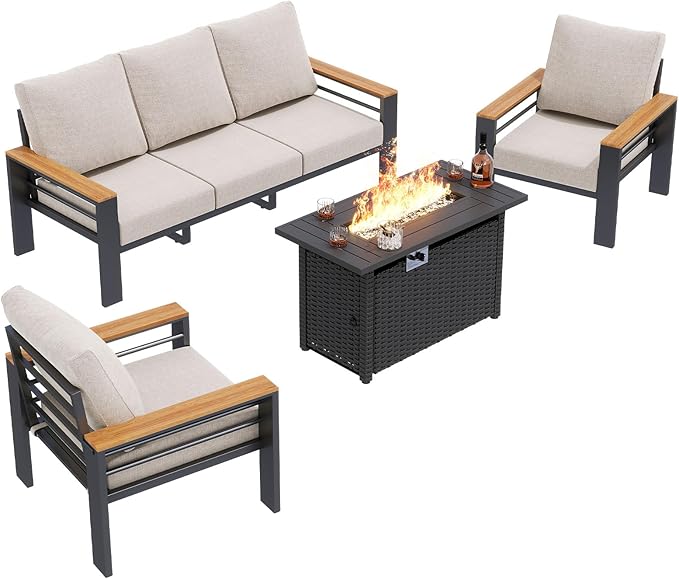 Aoxun Aluminum Outdoor Patio Furniture Set, 6-Piece Outdoor Sectional with 44'' Propane Gas Firepit Table, Patio Conversation Sets with Upgraded Armrests and Cushions for Backyard (Grey,5 Seats)