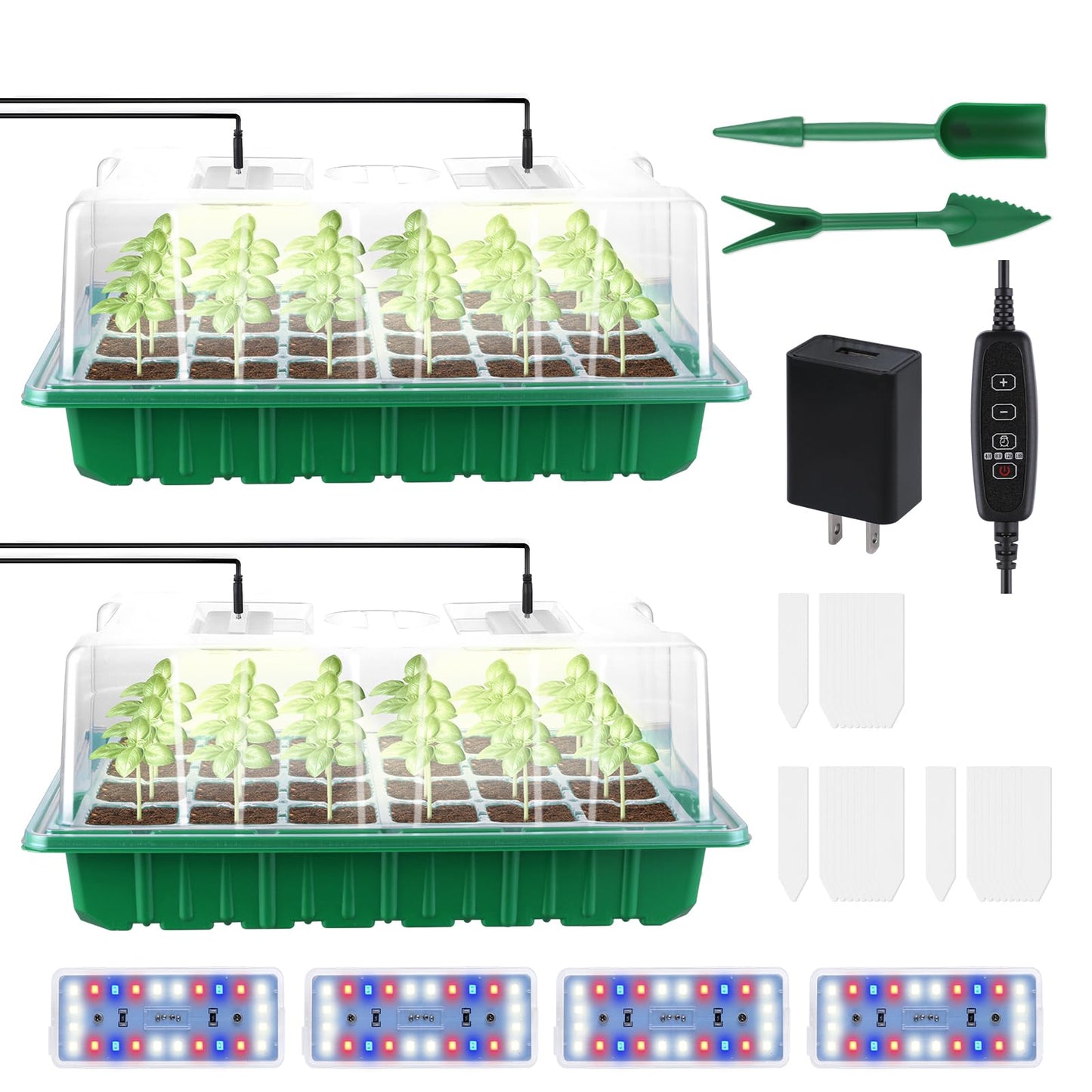 2 Packs Large Seed Starter Tray, Adjustable Brightness and Timer with 48 Full Spectrum LEDs, Seed Starter Kit with Drainage Holes, Tools and Labels for Indoor Plant Growing and Outdoor Gardening