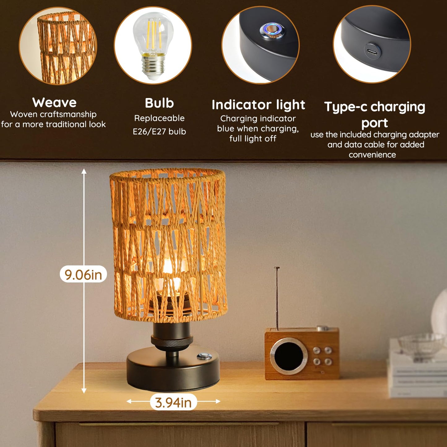 Wireless Table Lamp Charging Set—Beige, 4000mAh Rechargeable Table Lamp, Touch-sensitive Button Dimming, Ideal for Bedrooms, Bathrooms, and Dining Rooms, Includes Woven Lampshade and Warm Light Bulb