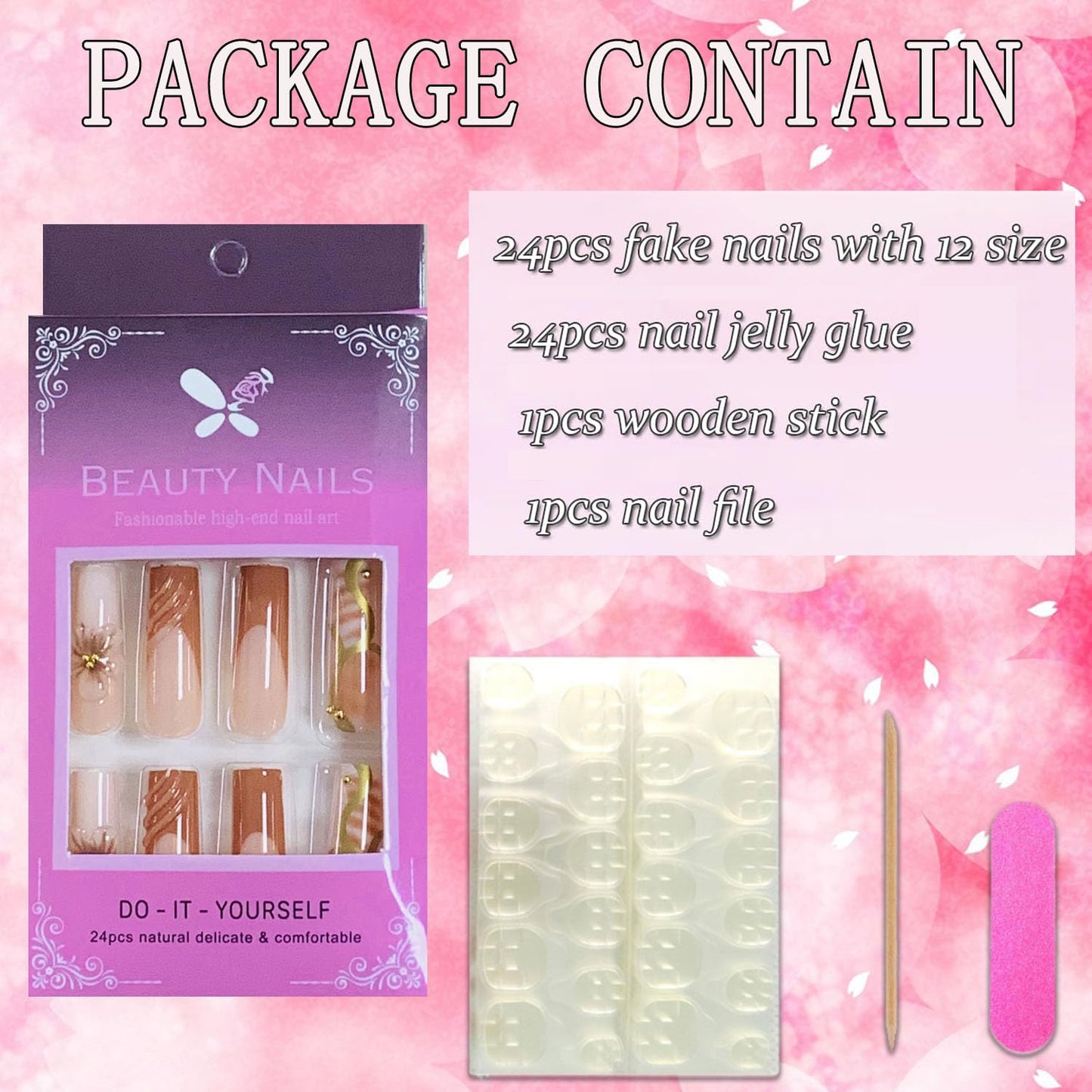 FIEONCIY Press on Nails Coffin Long Length Acrylic Glossy Full Cover Square Shaped French False Nails with Designs Artificial Extra Long Fake Nails with Charms Glue ons Fingernails for Women(DD1)