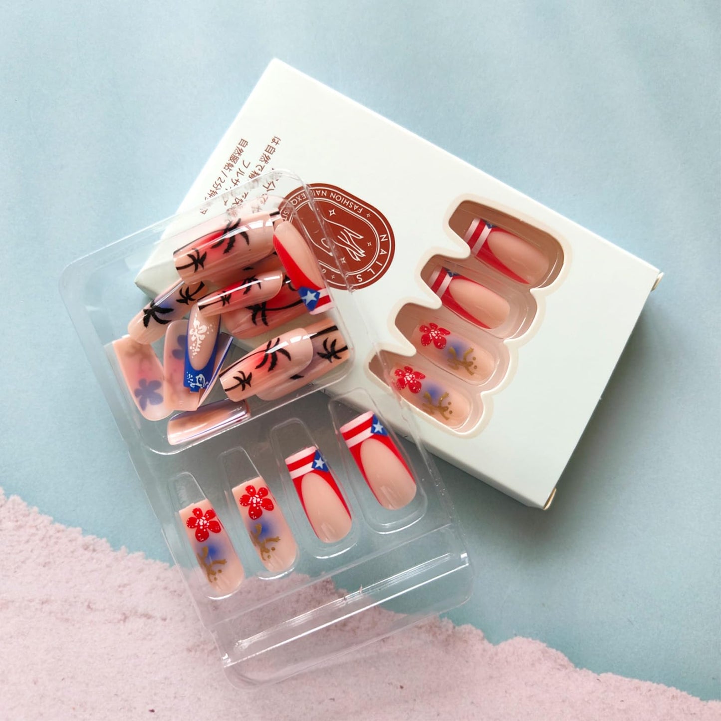GCSQW Summer Press On Nails Medium Square Acrylic False Nails 24Pcs with Coconut Tree Designs Independence Day Flower Nails 4th of July Full Cover Stick on Nails for Women
