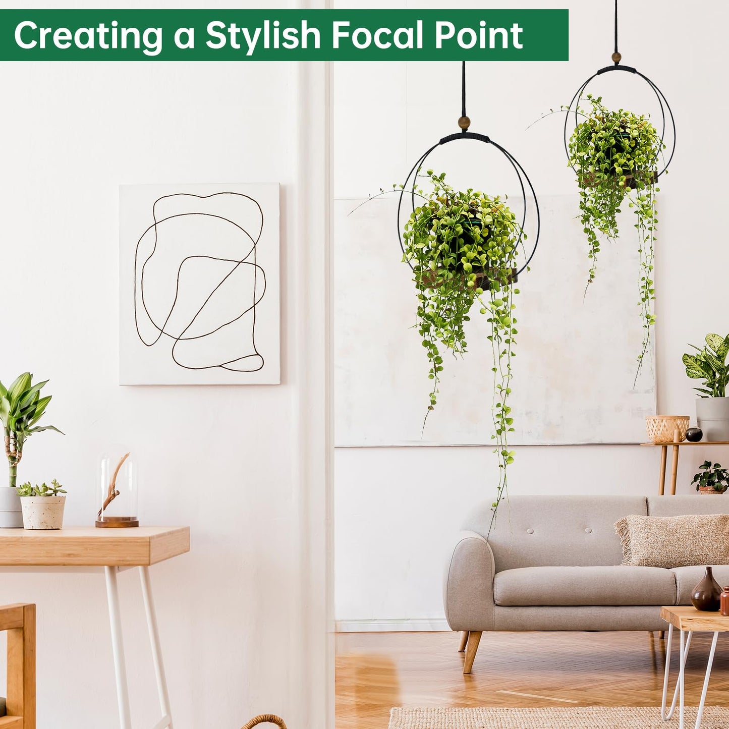 Hanging Planter for Indoor Plants, Black Plant Hanger Indoor with Sturdy Wood Base, Modern Boho Macrame Plant Hanger for 3-5.5 Inch Pot, Hanging Wall Ceiling Window Home Decor (Pots Not Included)
