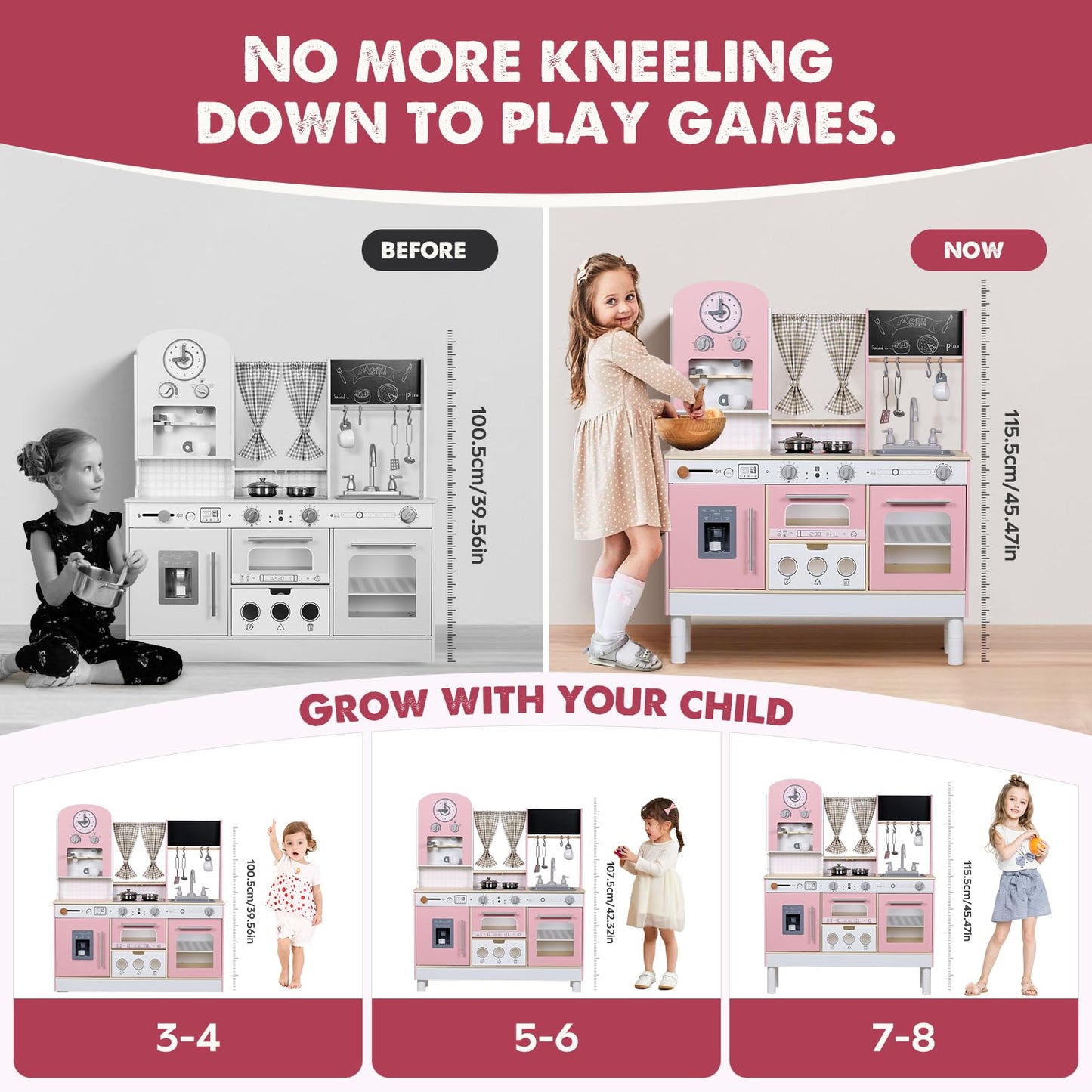 EDUBEBO Kids Kitchen playset, Wooden Play Kitchen, Height Adjustable, Comes with Various Kitchen Accessories, Ideal Role Play Toy Gift for Toddlers and Kids Ages 3-8 (Pink)