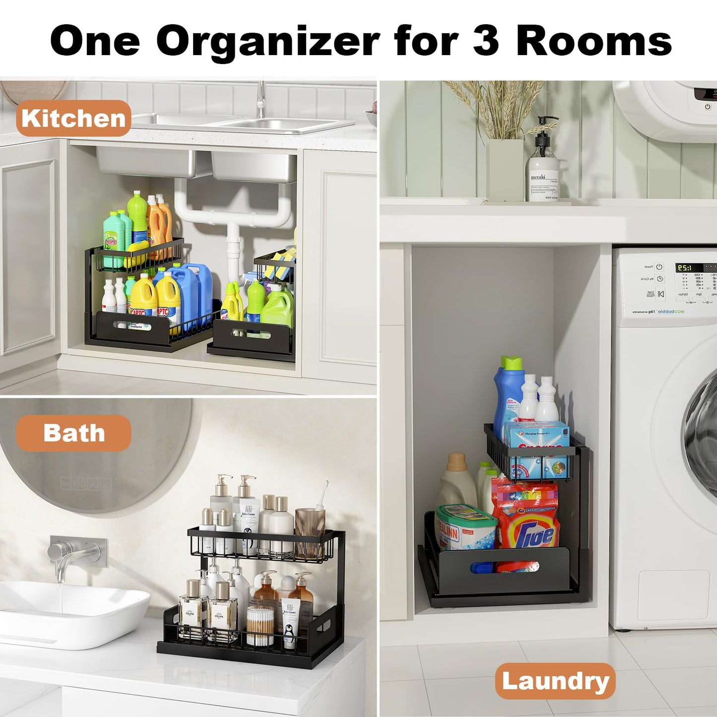 REALINN Under Sink Organizer, Pull Out Cabinet Storage 2 Tier Slide Out Sink Shelf, Kitchen Organizers and Storage, Black, 1 Pack
