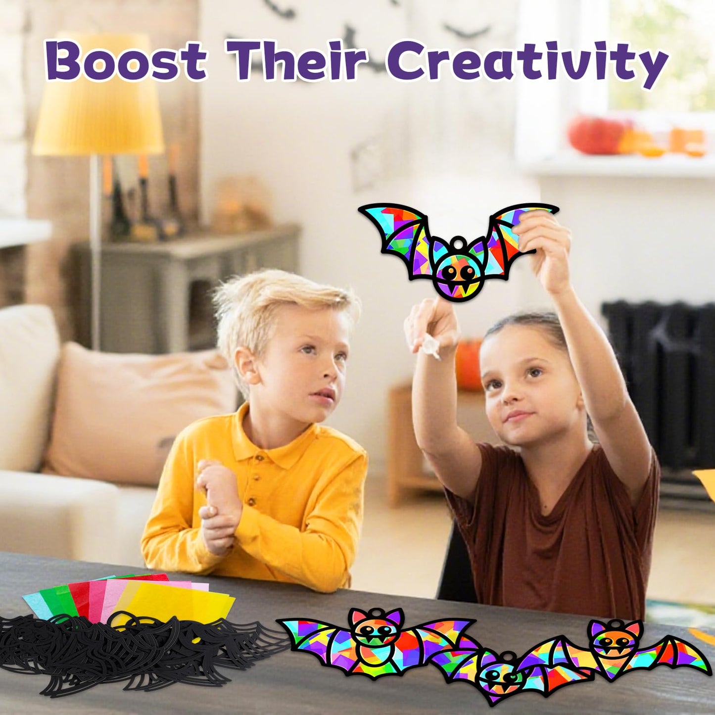 QOUBAI 32 Sets Halloween Bats Suncatchers Craft Kit DIY Window Stained Glass Effect Halloween Bats Paper Crafts Home School Classroom Decoration Kid Birthday Gift Creative Art Project Activity Game