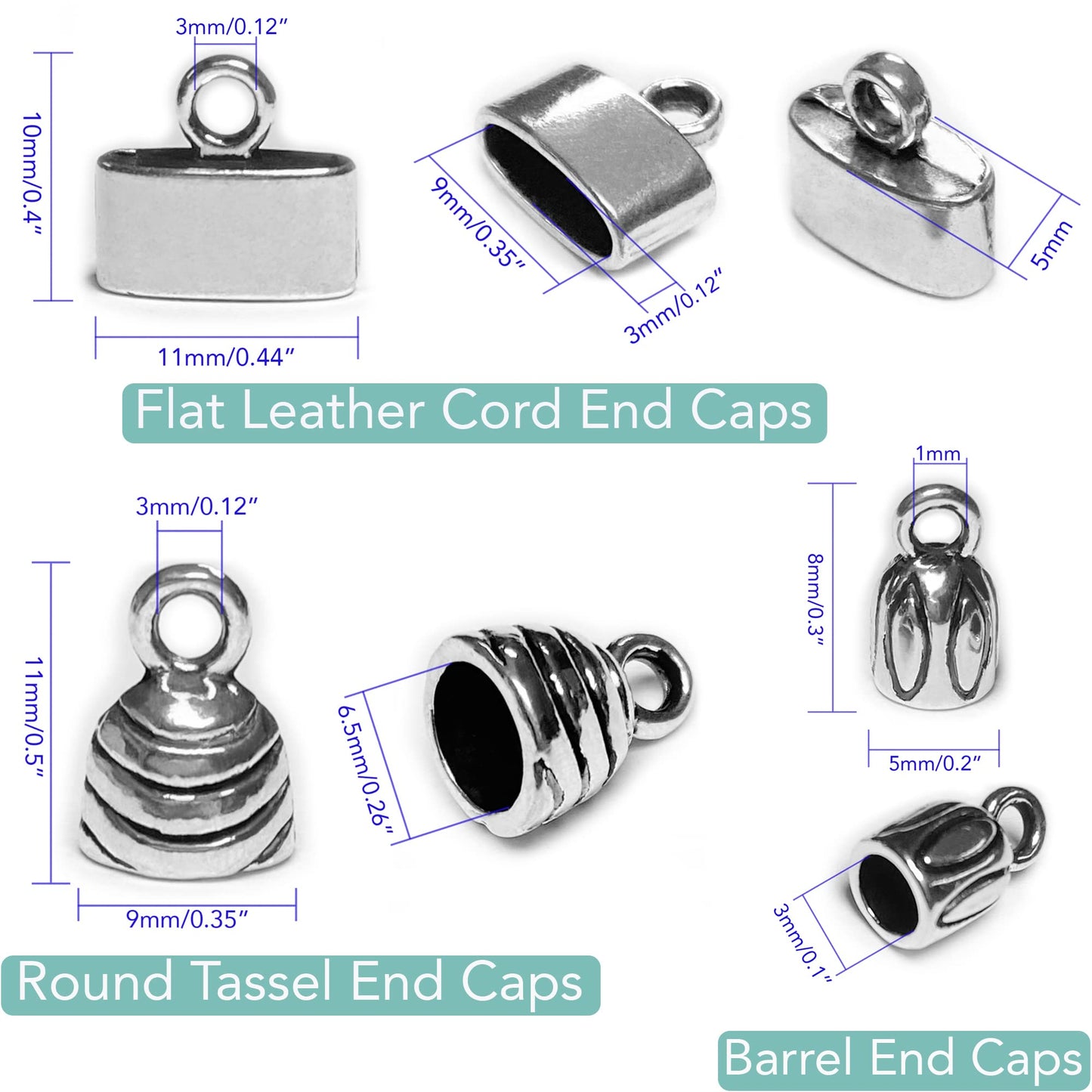 Silver Cord End Cap 90 Pcs Kumihimo Kit Flat Leather Cord End Caps Round Tassel End Caps Barrel End Caps Bracelet Making Supplies Leather Bracelet Making Kit by Heather's cf