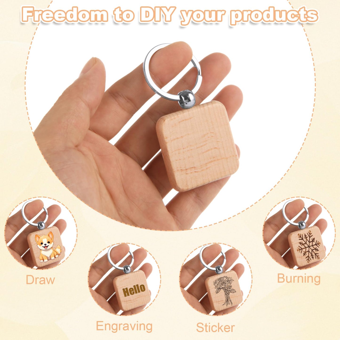 YAYODS 70 Pieces Wood Keychain Blanks, Square Wooden Blanks Bulk with Key Rings, Engraving Wood Keychain Tag for DIY Crafts Gift