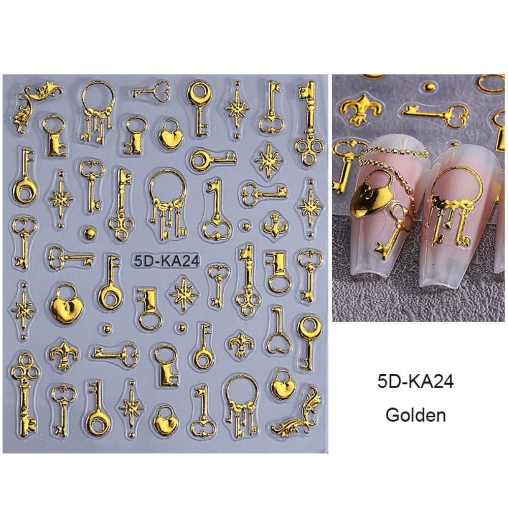 4 Sheets 5D Embossed Key Nail Stickers Silver Key Nail Designs Laser Hearts Lock Nails Supplies 3D Self-Adhesive Laser Keys Ring Rose Gold Lock Bone Nails Decals for Women DIY Manicure