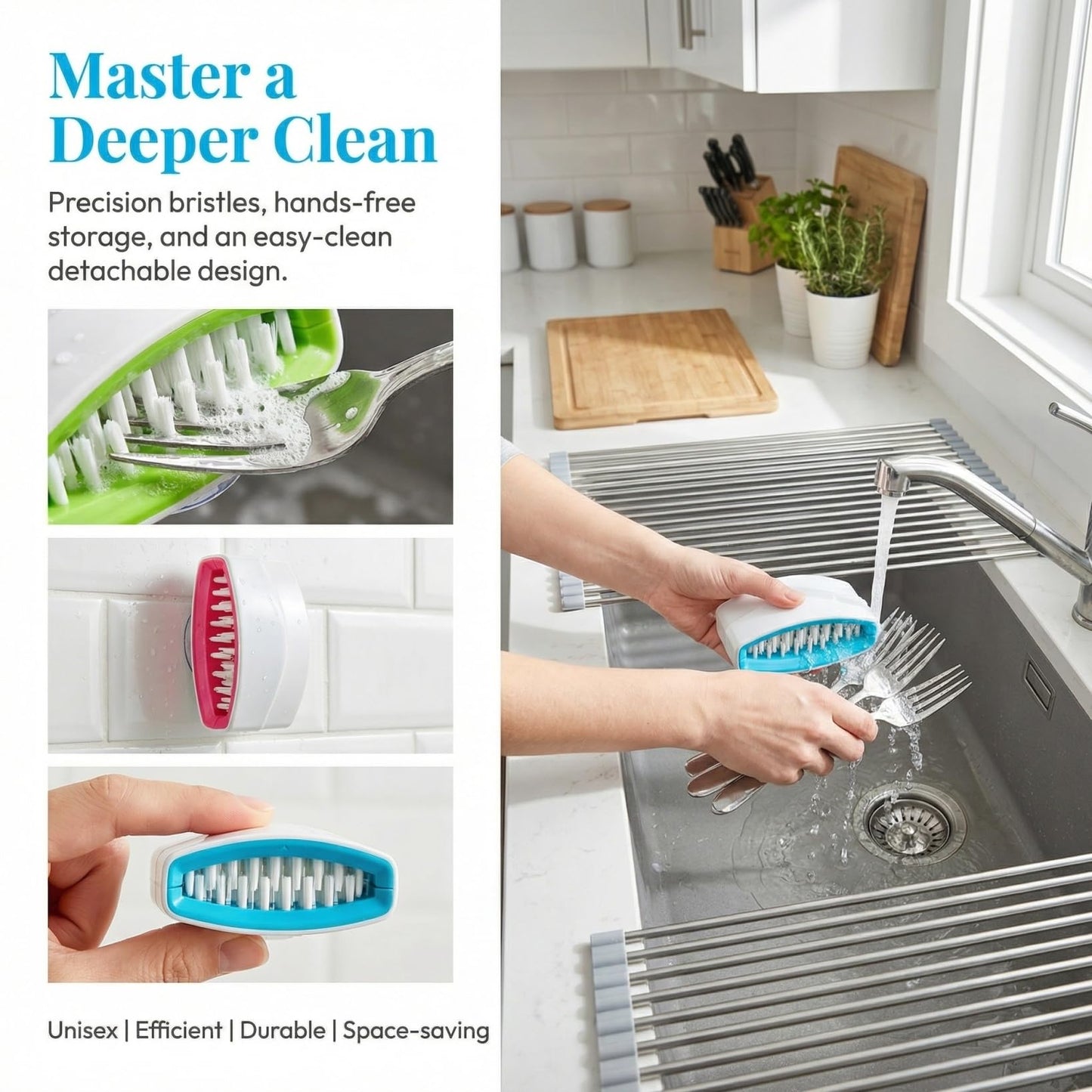 Baluue Knife Cleaner Brush with Suction Cup - 3-Pack Detachable Double-Sided Utensil Scrubber for Kitchen, Blade Cleaning Tool for Silverware Forks and Chopsticks, Non-Slip Blade Scrubber Set