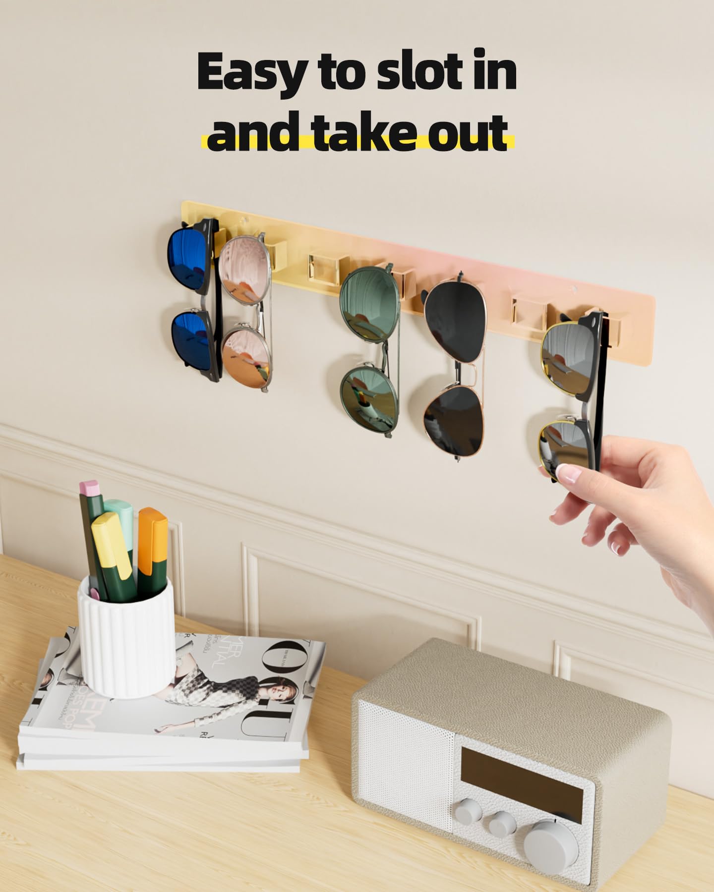 MaxGear Sunglasses Organizer Wall Mount, 2-Pack Acrylic Eyewear Display Holder with 14 Slots, Sunglasses Storage, Includes Adhesive Tape & Screws, Wall Mounted Shelf for Closet, Cabinet, Iridescent