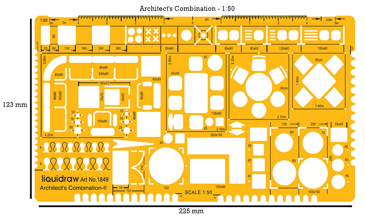 Liquidraw 1:50 Scale Architectural Scale Ruler | Designed for House Interior Floor Plan | Technical Architect Drafting Tool | Contains Symbols for Kitchen, Bathroom, Appliances & More | 1.5 mm Thick