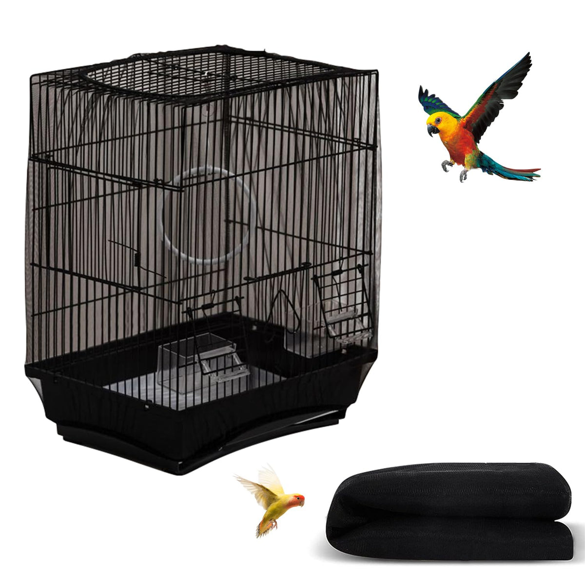 DECKALY Bird Cage Seed Catcher, Seed Catcher Guard Net Cover, Parrot Nylon Mesh Net Cover, Universal Soft Airy Cage Net Stretchy Skirt for Round Square Cages (Daisy-White, 15.7" x87")