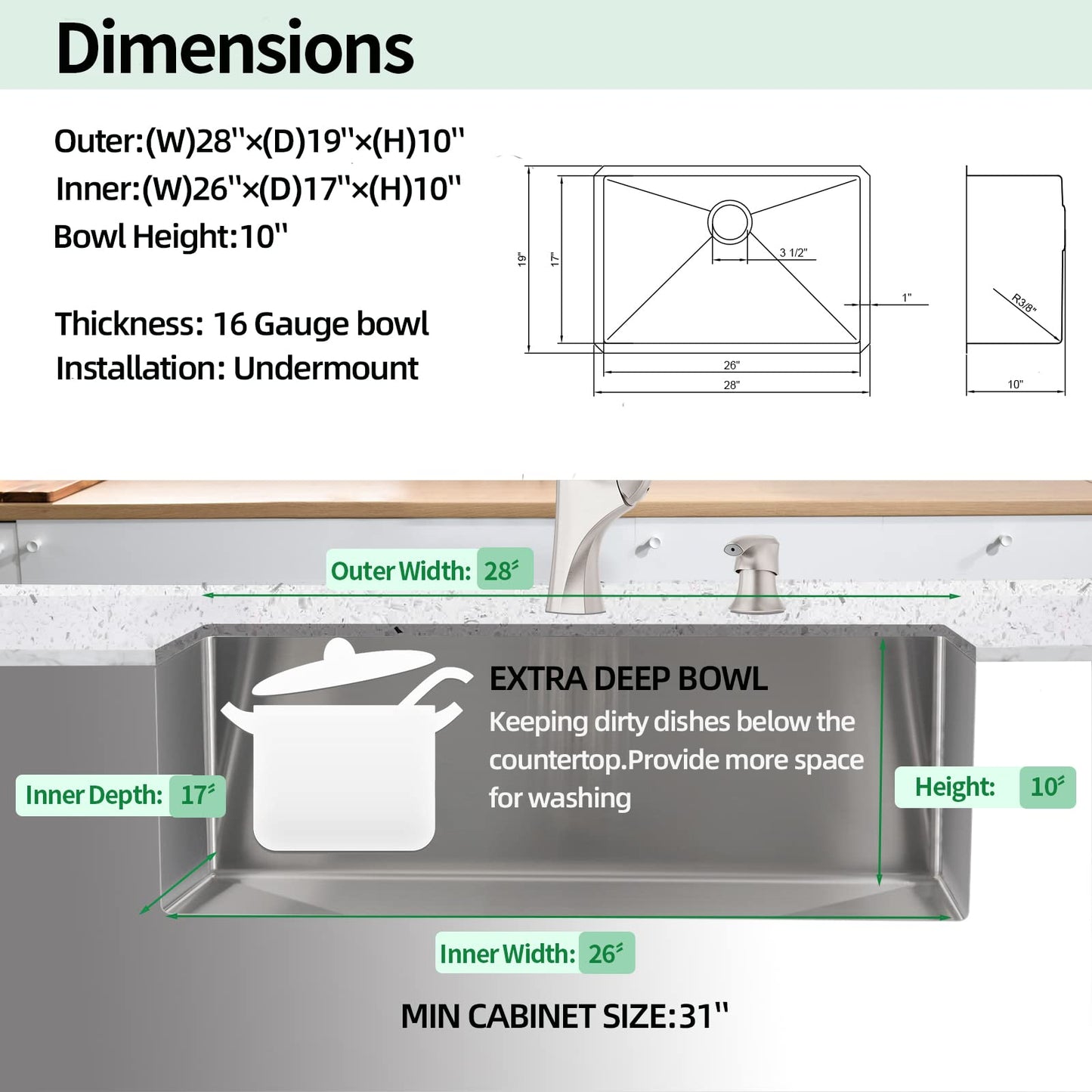EcoChannels Undermount Kitchen Sink, 28 x 19 Inch Sink Kitchen16 Gauge Stainless Steel Outdoor Laundry Kitchen Sinks Single Bowl