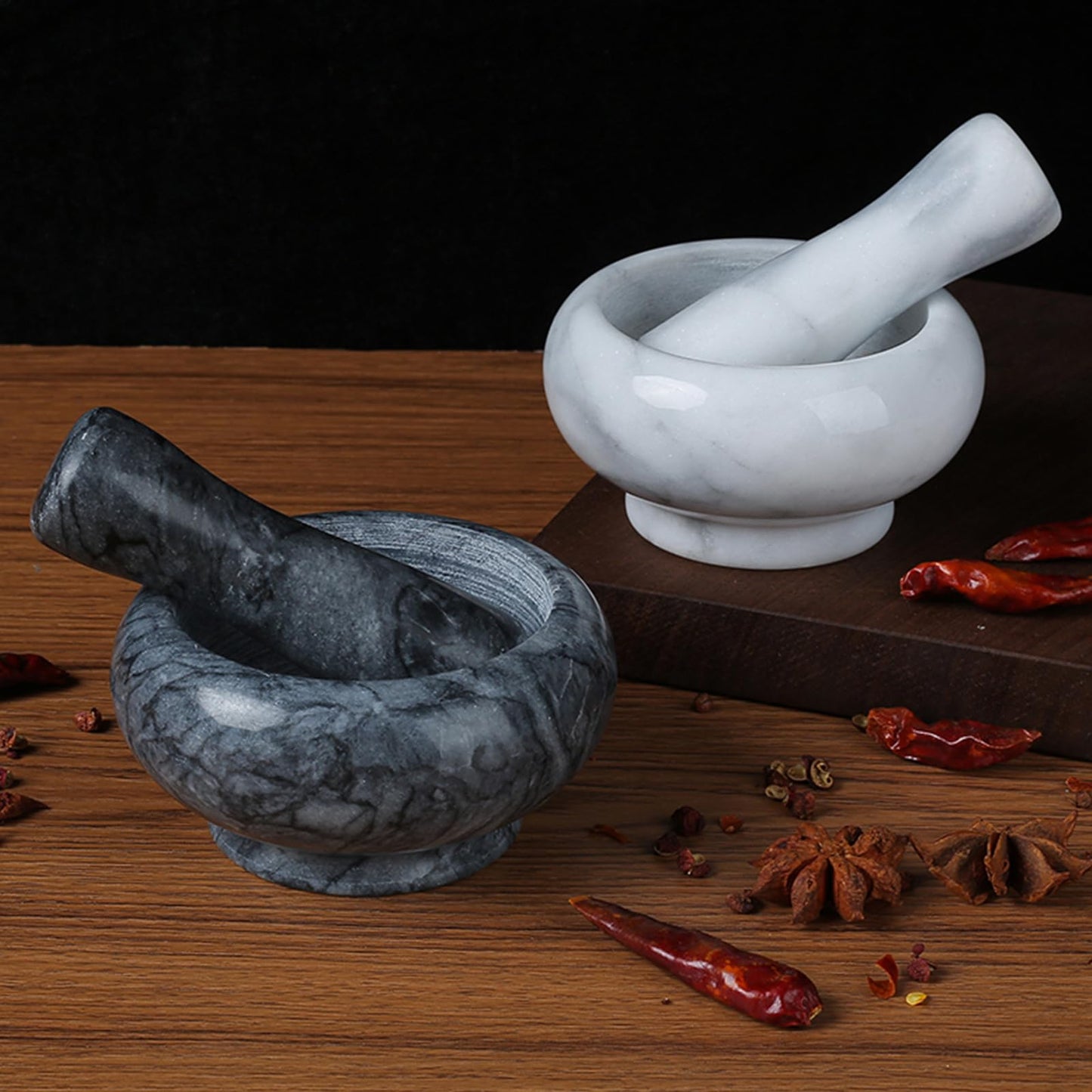 Marble Mortar and Pestle Set for Grinding Pills Spices Nuts Herbs Guacamole Stone Grinder Bowl Graceful Kitchen Tool and Exquisite Cute Ornament (Black)