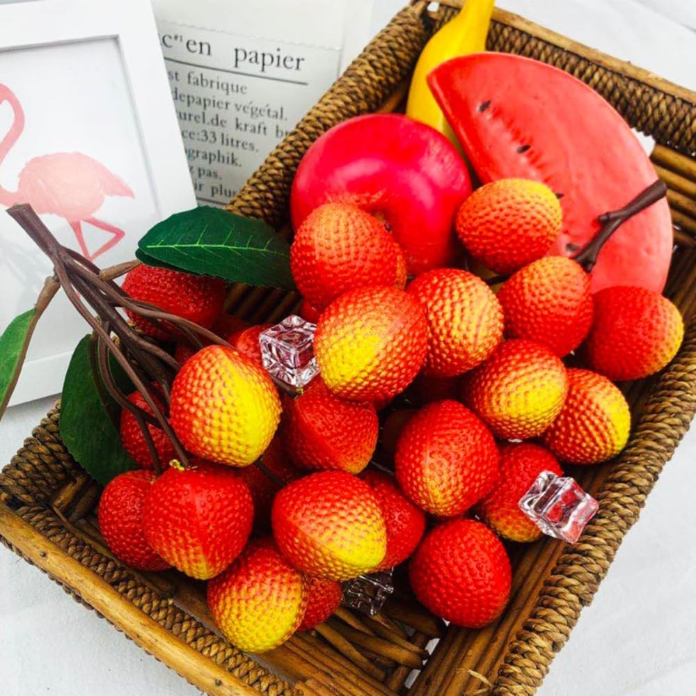 2 Bunches Artificial Lychee Fruit 7.8" Lifelike Fake Lychee with Leaves, Realistic Kitchen/Dining Table Decor, Party Decoration, Plastic Fruit Props for Photography, Display, or Cabinet Styling