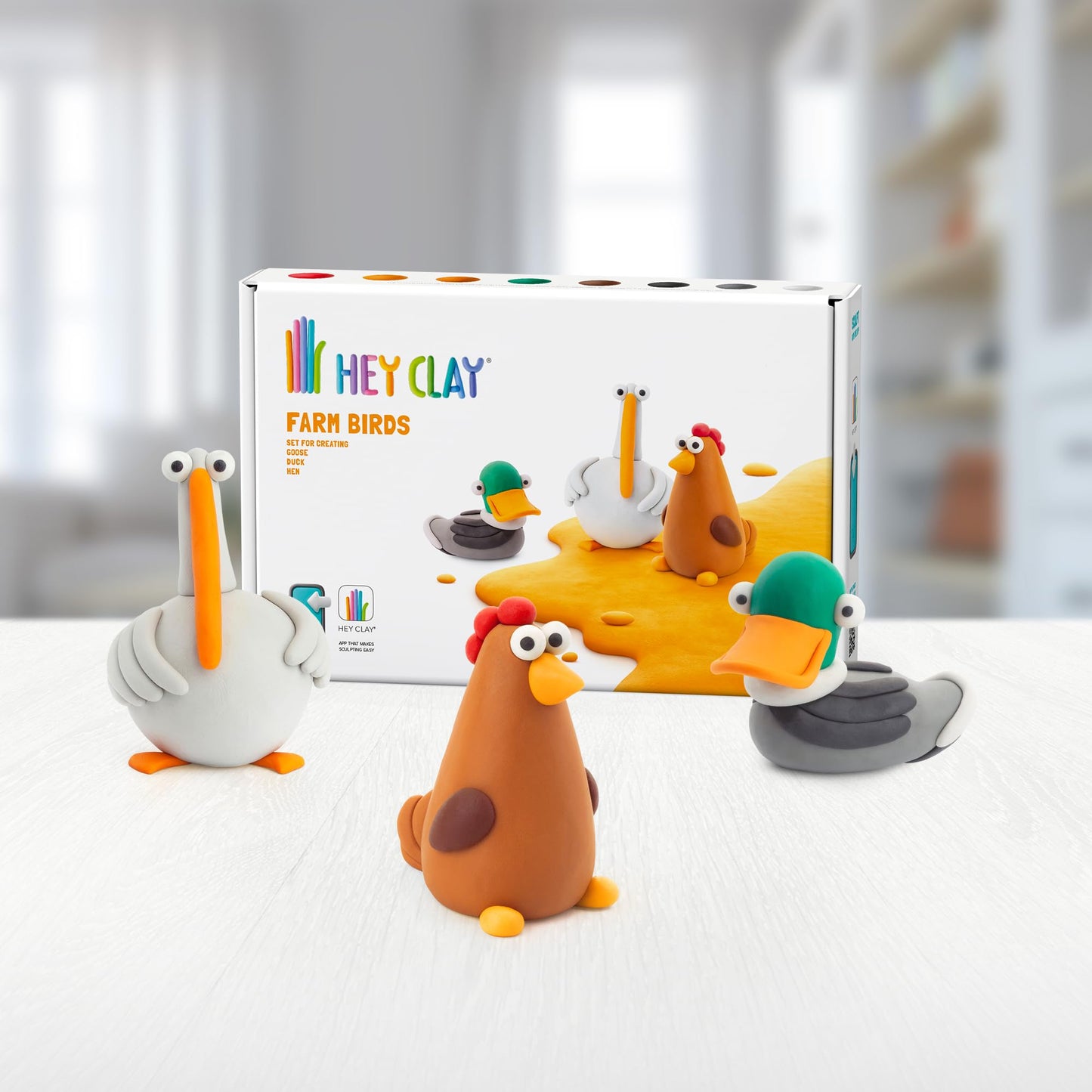 HEY CLAY Colorful Modeling Air Dry Clay for Kids 6 cans with Fun Interactive Instructions App - Kids Activities Age 3+ (Farm Birds: Duck, Goose, Hen)