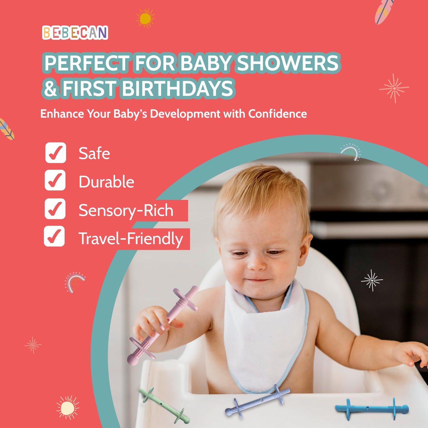 Bebecan Shielded Teething Tubes – Baby Teething Relief 0-36 Months, Anti-Choking Design, Clip-Attachable, BPA-Free Silicone, 5 Soft Tubes + 2 Teether Clips + 2 Brushes + Storage Bag
