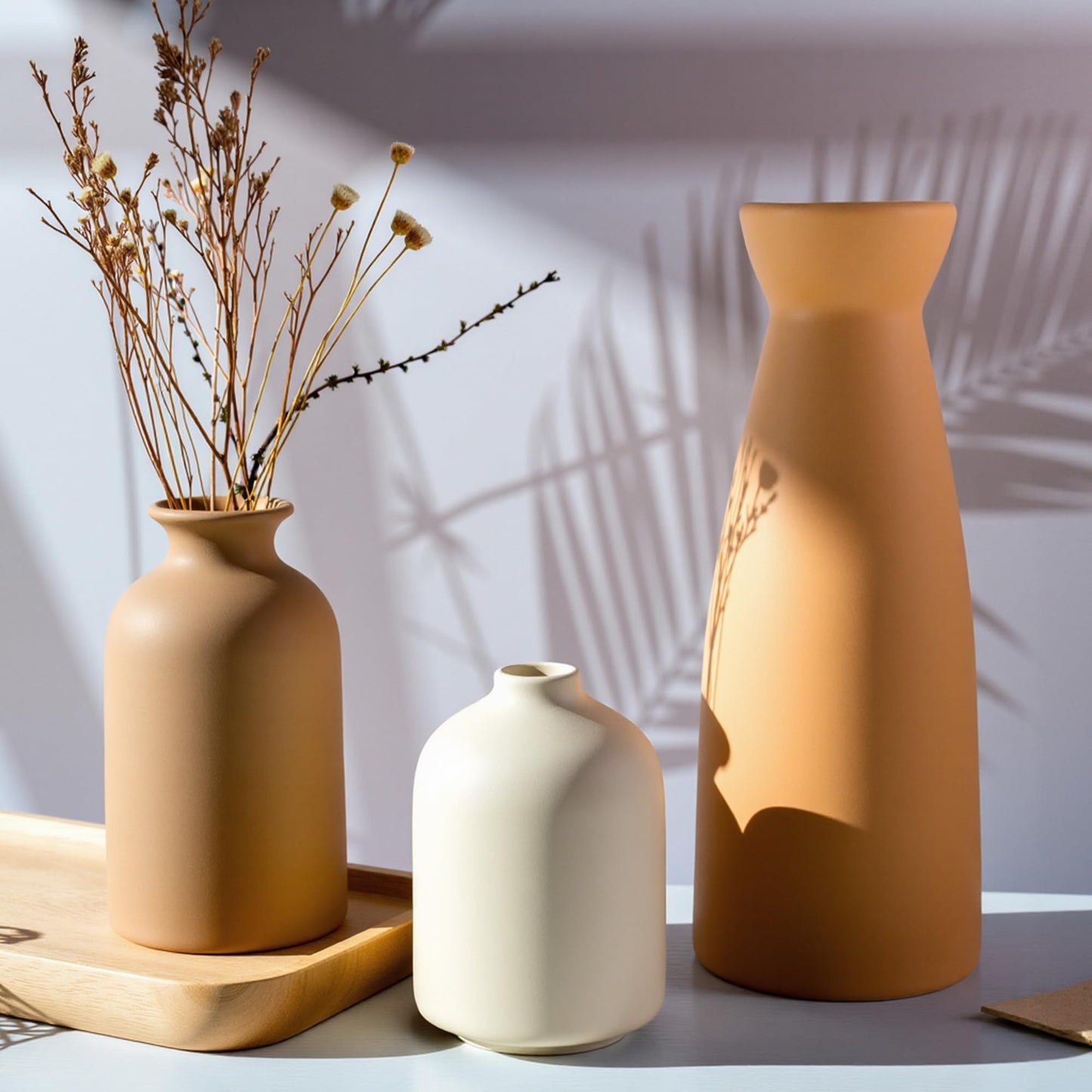 OUWEDW Ceramic Small Vase Set of 3,Modern Boho Farmhouse Home Decor,Pampas Grass Vase,Minimalist Decor,for Entryway Table,Bookshelf,Living Room, Bedroom,Kitchen,Coffee Table Decoration