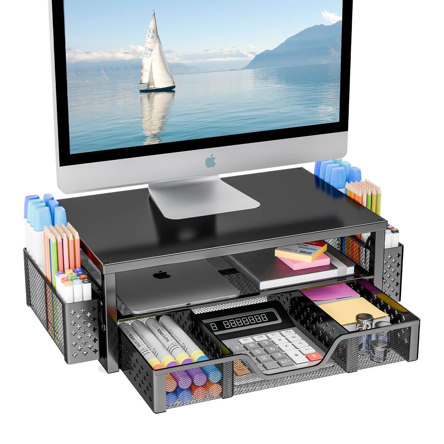 Simple Trending Desk Organizer and Accessories, 2-Tier Computer Monitor Stand Riser with Drawer and 2 Pen Holders for Office Supplies, Black
